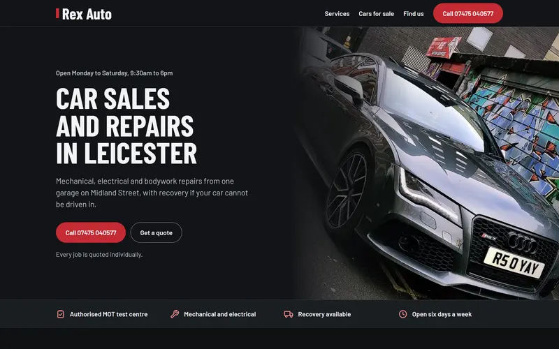 The Rex Auto website homepage on a laptop screen