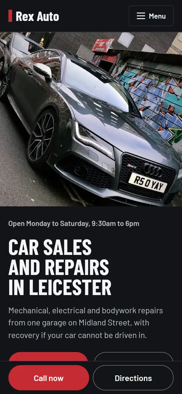 The Rex Auto homepage on a phone